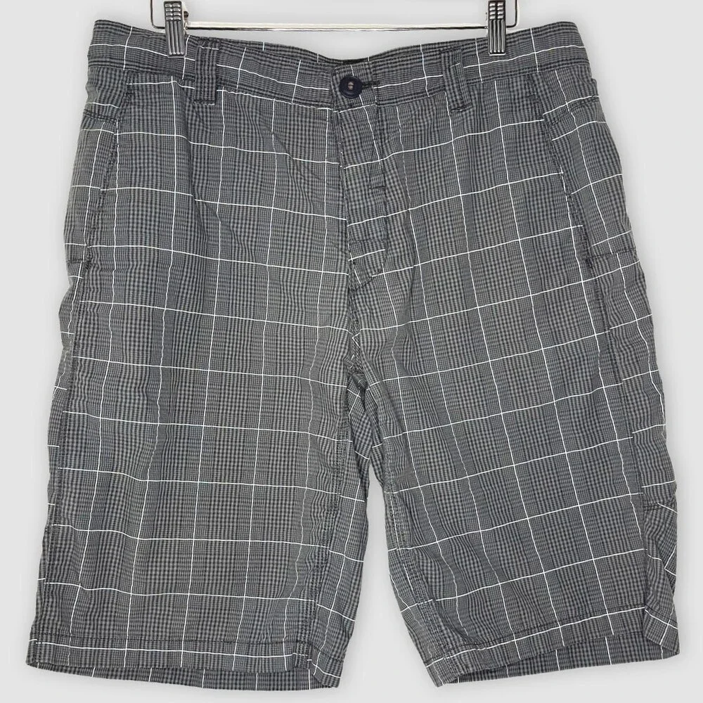 The North Face Mens Shorts 38 Grey Plaid Reflective Flat Front Button Fly Casual